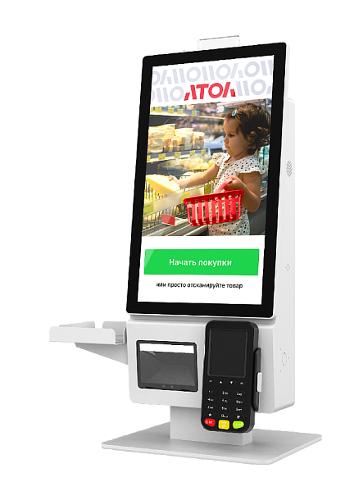 Касса самообслуживания АТОЛ КСО 3210, бел. (21,5", N100, SSD, 8/128GB), без Wi-Fi, с Win IoT, Mindeo, Ind., 2хРозетка, Кр. ФР., MSR (1С:РМК)