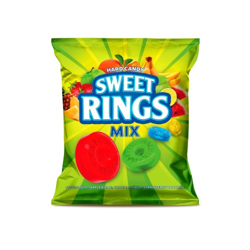 Карамель леденц.SWEET RINGS MIX,тутти-фрутти,яблоко-лайм,клубн.-банан,180г