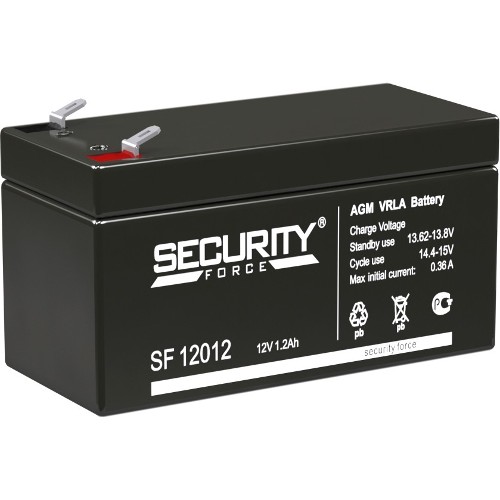 Батарея SECURITY FORCE серия SF, SF 12012, напряжение 12В, емкость 1.2Ач (разряд 20 часов), макс. ток заряда 0.36А, свинцово-кислотная типа AGM, клеммы F1, ДxШxВ 97х44х52мм., кг., срок службы 3-5 л...