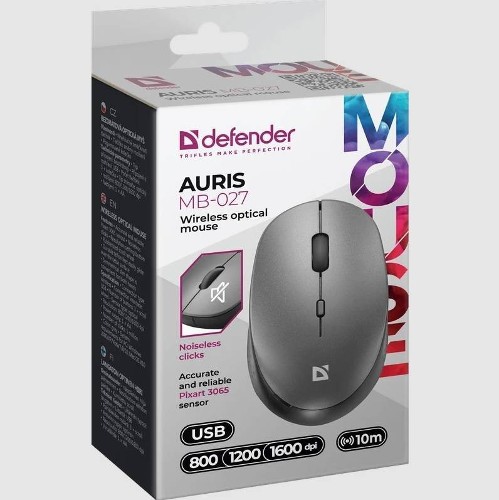 Defender Мышь беспроводная оптическая Auris MB-027 серый, 4D, 800-1600dpi, бесшумная.