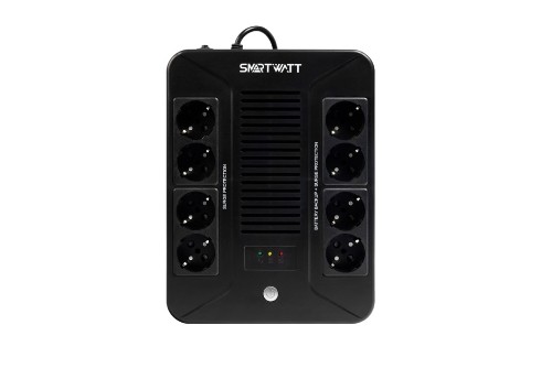 ИБП SMARTWATT UPS SAFE PRO 800, линейно-интерактивный, мощность 800/480 ВА/Вт, напольный/настенный, LED индикация, Shuko CEE7/4-8 шт. (4 шт. с резервным питанием, 4 шт.-сетевой фильтр), батарея 12В...