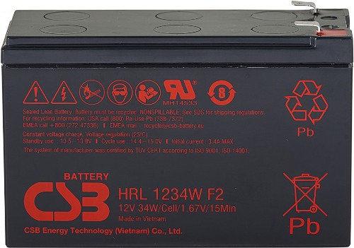 Батарея CSB серия HRL, HRL1234W F2 FR, напряжение 12В, емкость 8.5Ач (разряд 20 часов), 34 Вт/Эл при 15-мин. разряде до U кон. - 1.67 В/Эл при 25 °С, макс. ток разряда (5 сек.) 130А, ток короткого ...