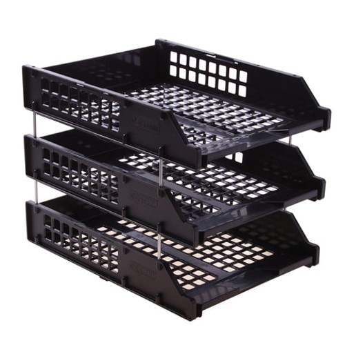 Лоток для бумаг горизонтальный НАБОР 3 шт. (340х260х240 мм), на металлических стержнях, черные, СТАММ "Strong", ЛТ112