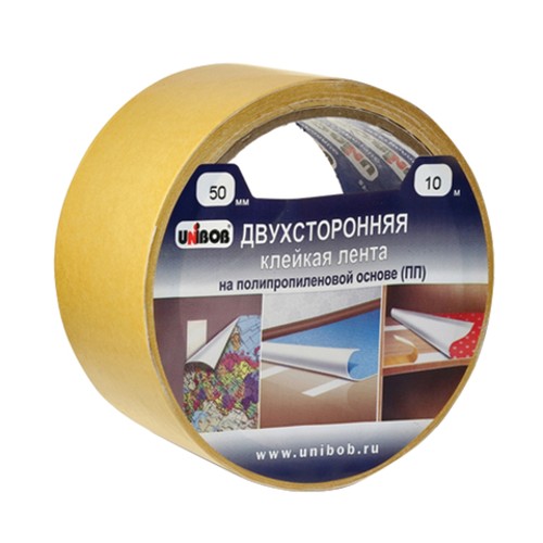 Клейкая лента двухсторонняя 50 мм х 10 м, ПОЛИПРОПИЛЕНОВАЯ ОСНОВА, UNIBOB, 28211